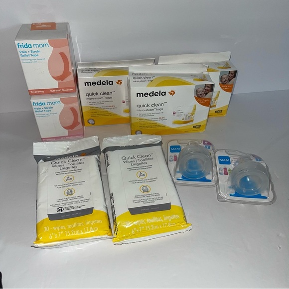 Frida Mom Tape Medela Steam bags Medela Wipes and Mam Nipples Pregnancy Bundle